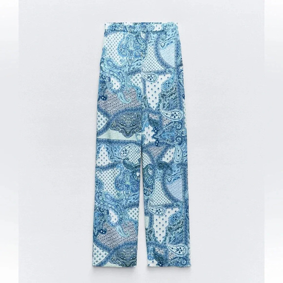 ZARA PAISLEY PRINT BLUE WHITE WIDE LEG PANTS - Picture 6 of 8